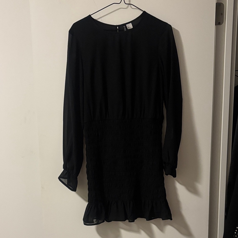 H&M Black Long-Sleeve Smocked Mini Dress with Ruffle Hem